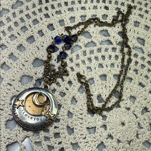 Gold and Blue Moon Pendant & glass beaded Necklace